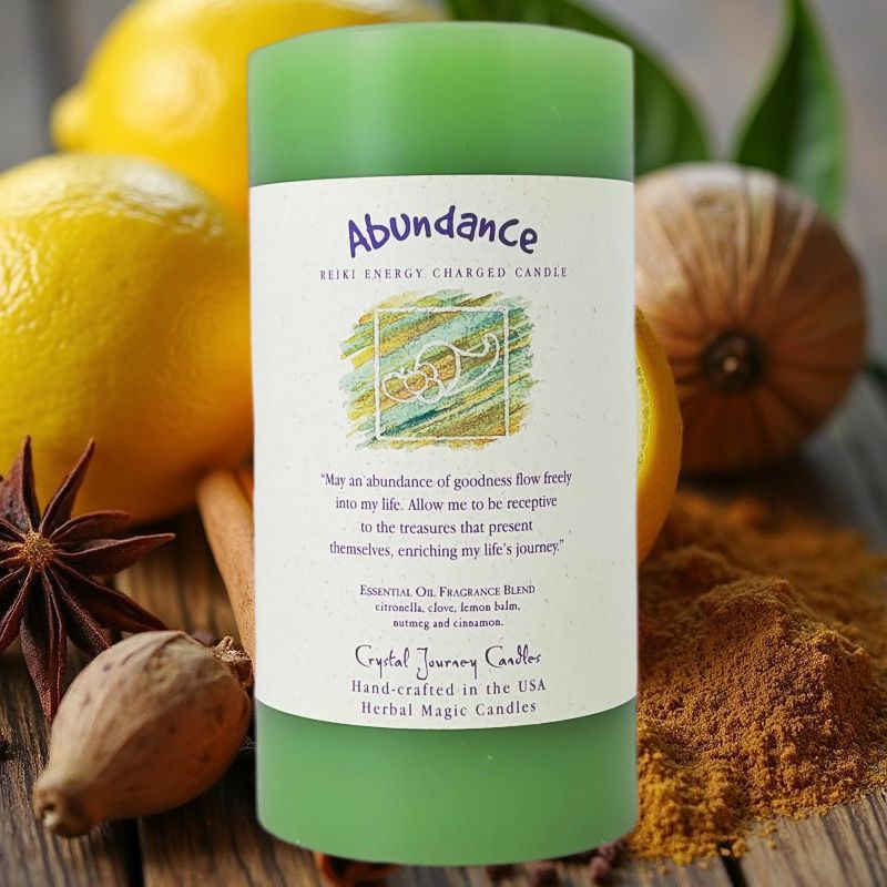 6" Reiki Charged Herbal Pillar Candle, Abundance Scent
