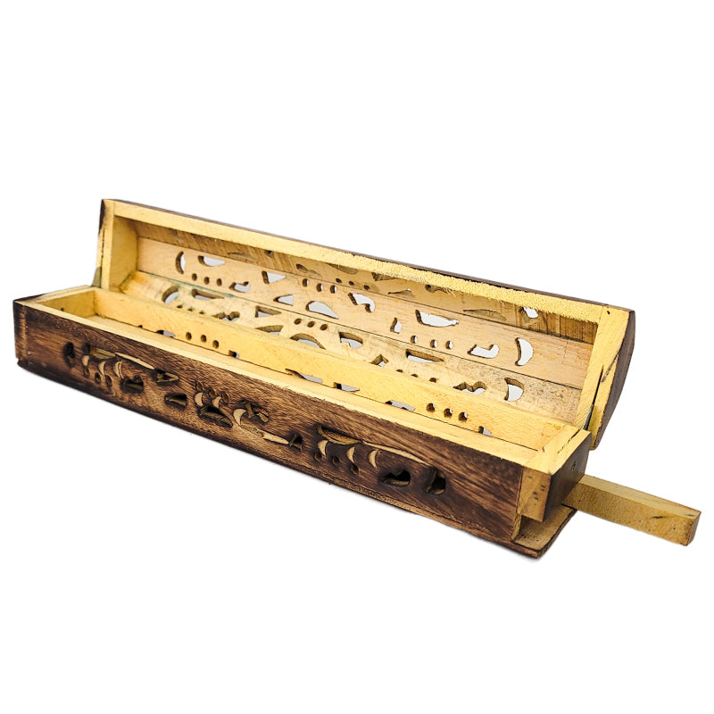 Carved Incense Holder Box with Storage, Burnt Wood Design