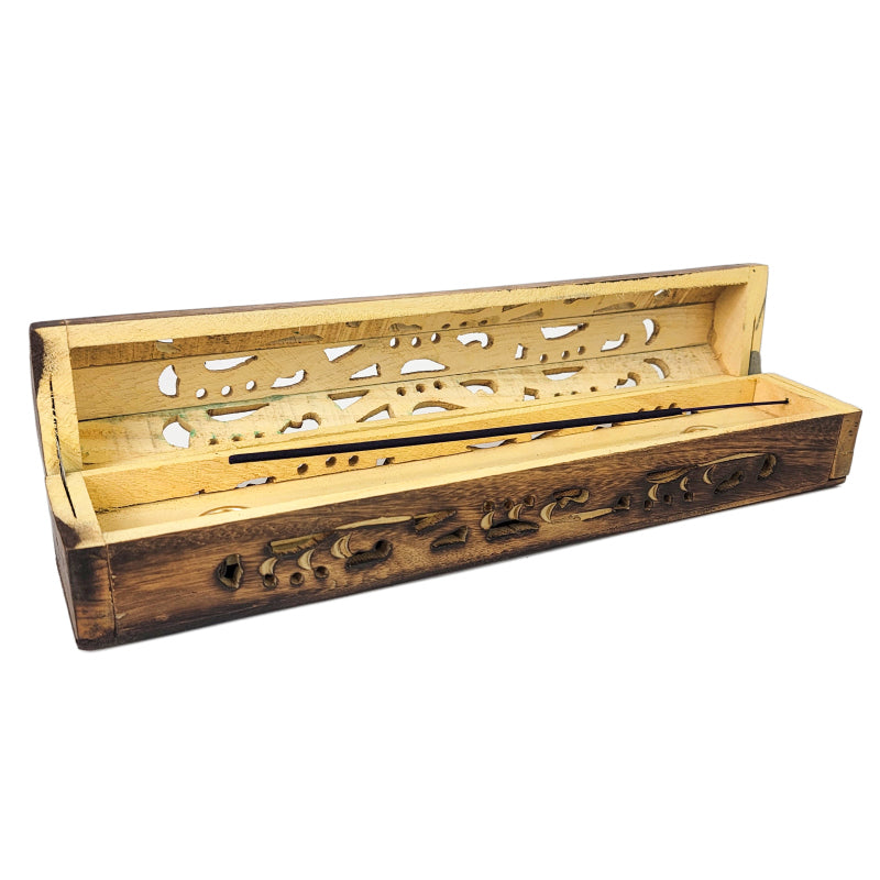 Carved Incense Holder Box with Storage, Burnt Wood Design