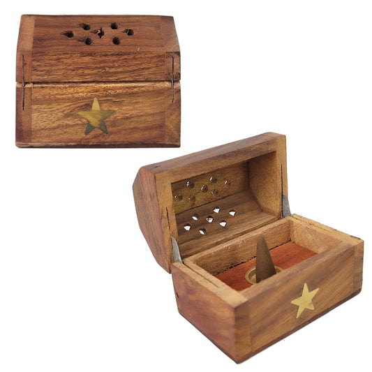 Mini Carved CONE Incense Holder Box, Stars Design