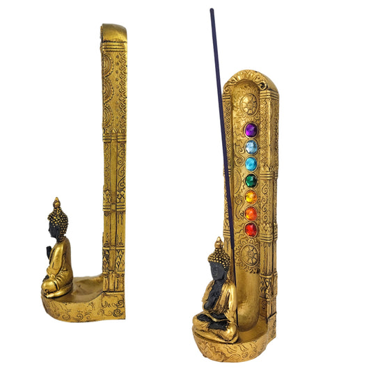 Buddha 9" Polystone Gold-Color Incense Burner & Ash Catcher