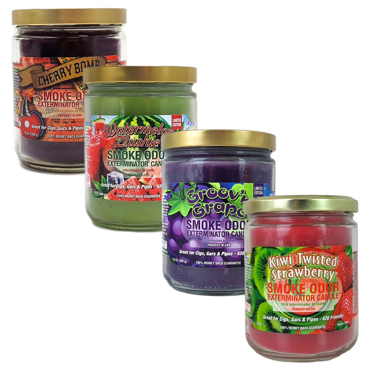 4-PACK "Candy Fruit" SAMPLER #TOPC2, Odor Exterminator 4" Glass Jar Candles, 13oz