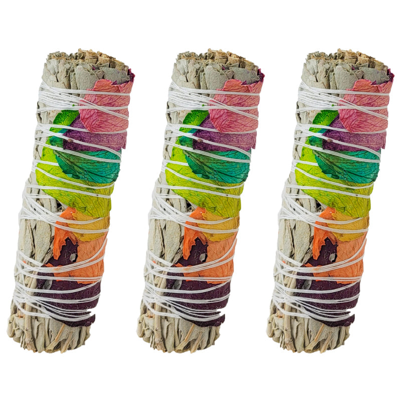 White Sage & 7 Chakras Rose Petals 4" Bundle Smudge Stick