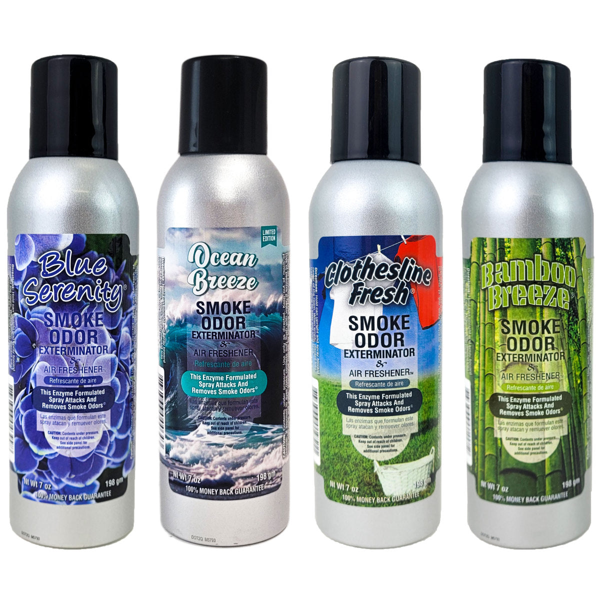 4-PACK "Fresh & Clean" SAMPLER, 7oz Smoke Odor Exterminator Spray Aerosol Can, by Tobacco Outlet Products