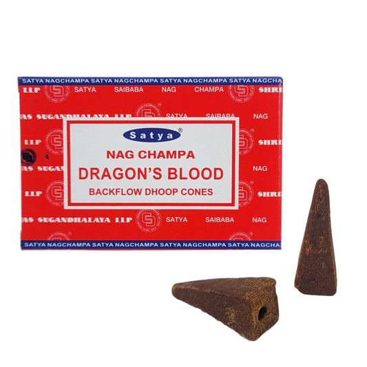 Dragon's Blood Backflow Dhoop Incense Cones, Box of 10 Cones, by Satya
