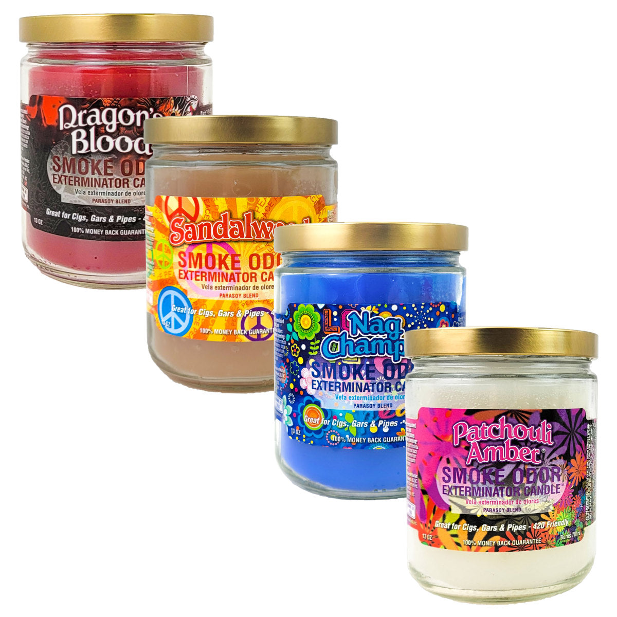 4-PACK "Earthy Delights" SAMPLER, 4" Glass Jar 13oz Smoke Odor Exterminator Candles, by Tobacco Outlet Products