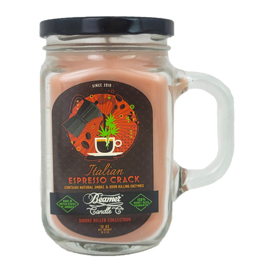 Italian Espresso Crack 5" Glass Jar Candle, 12oz Smoke Killer Collection, by Beamer Candle Co