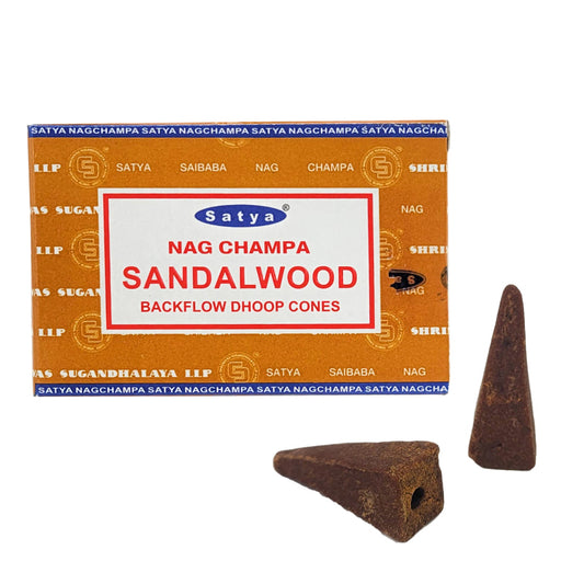 Sandalwood Backflow Dhoop Incense Cones, Box of 10 Cones, by Satya