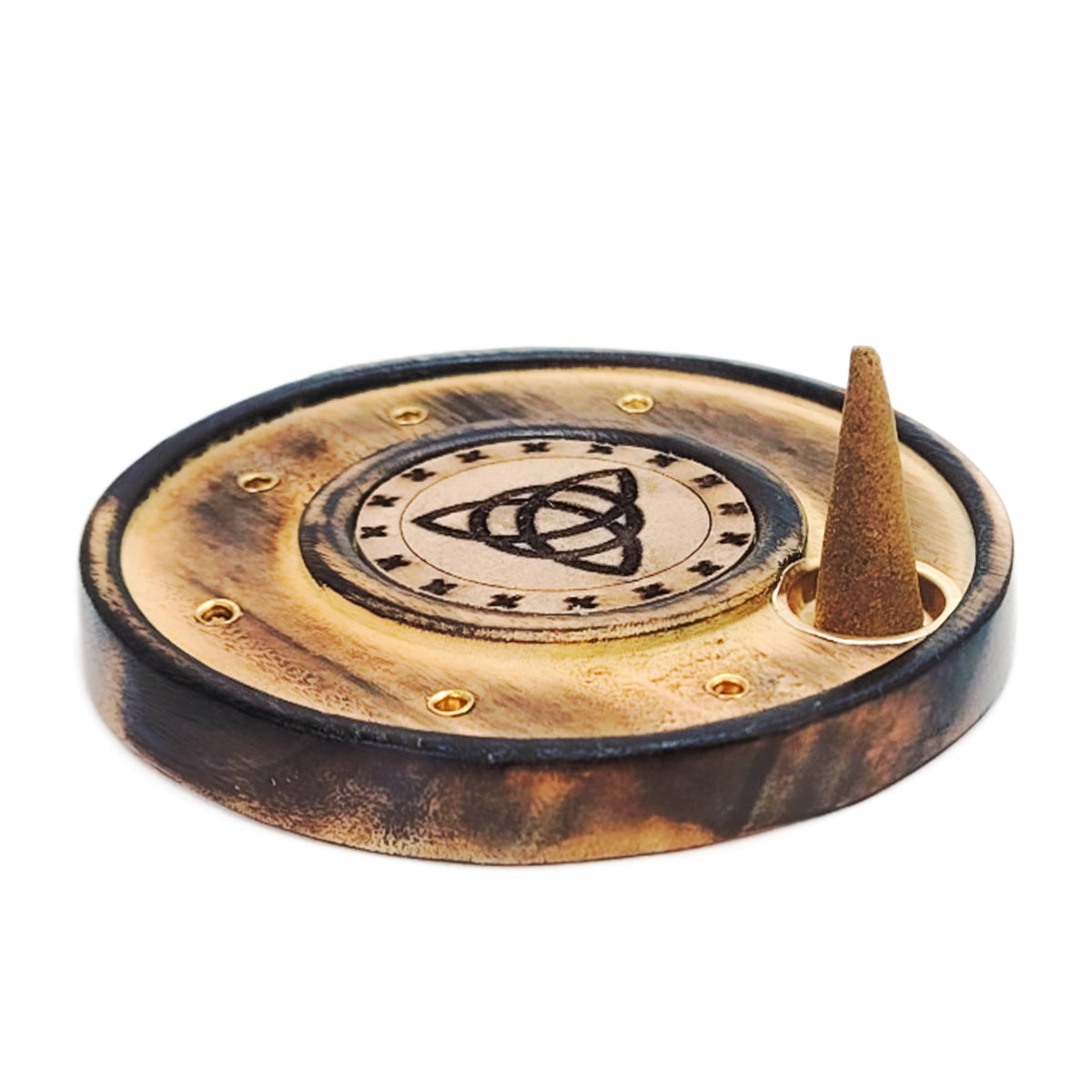 4" Round Wood Incense Cone Burner & Ash Catcher, Triquetra Design