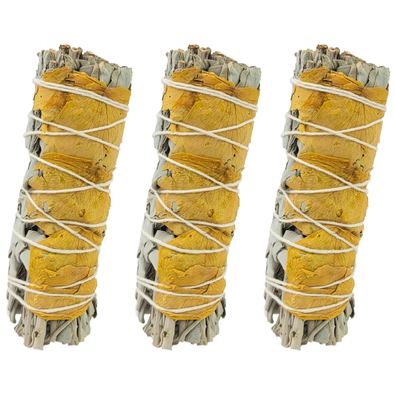 White Sage & Yellow Rose Petals 4" Bundle Smudge Stick