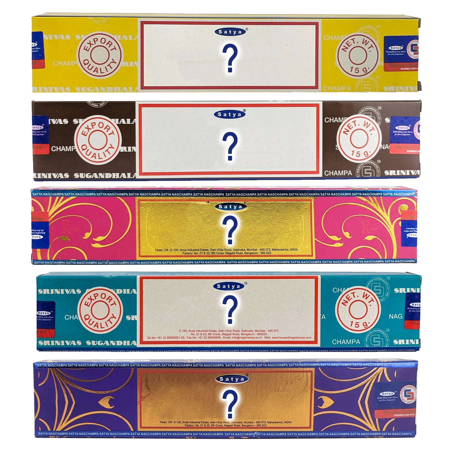 Assorted 5-Pack Satya Incense Sticks, 15g Packs