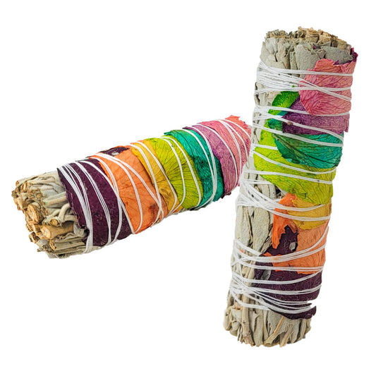White Sage & 7 Chakras Rose Petals 4" Bundle Smudge Stick