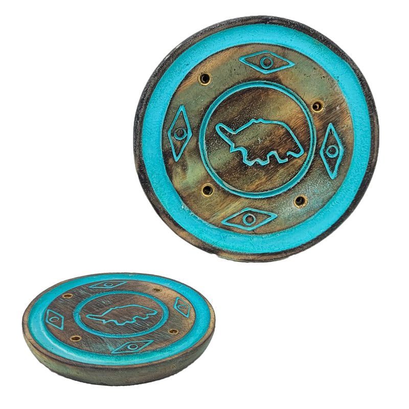 3" Circular Wood Incense Cone Burner & Ash Catcher, Elephant Design