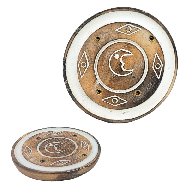 3" Circular Wood Incense Cone Burner & Ash Catcher, Moon Design