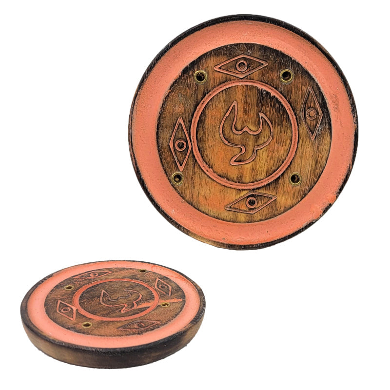 3" Circular Wood Incense Cone Burner & Ash Catcher, OM Symbol Design