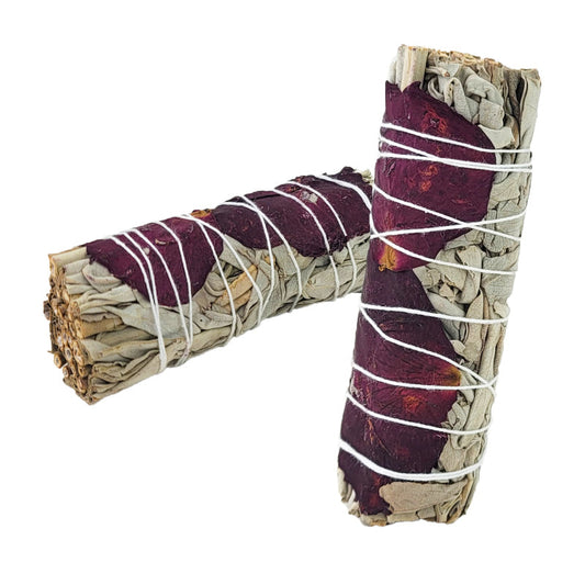 White Sage & Red Rose Petals 4" Bundle Smudge Stick