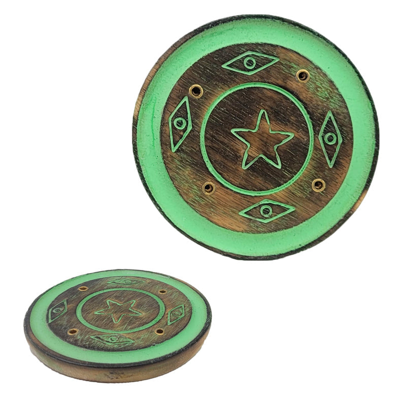 3" Circular Wood Incense Cone Burner & Ash Catcher, Star Design