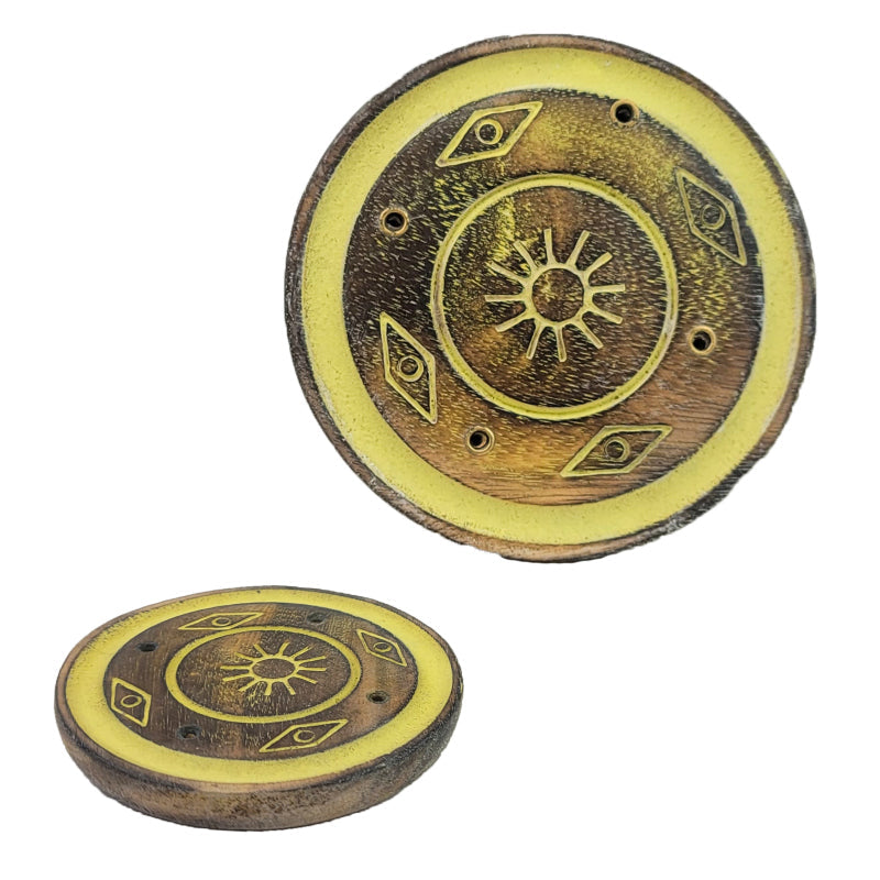 3" Circular Wood Incense Cone Burner & Ash Catcher, Sun Design