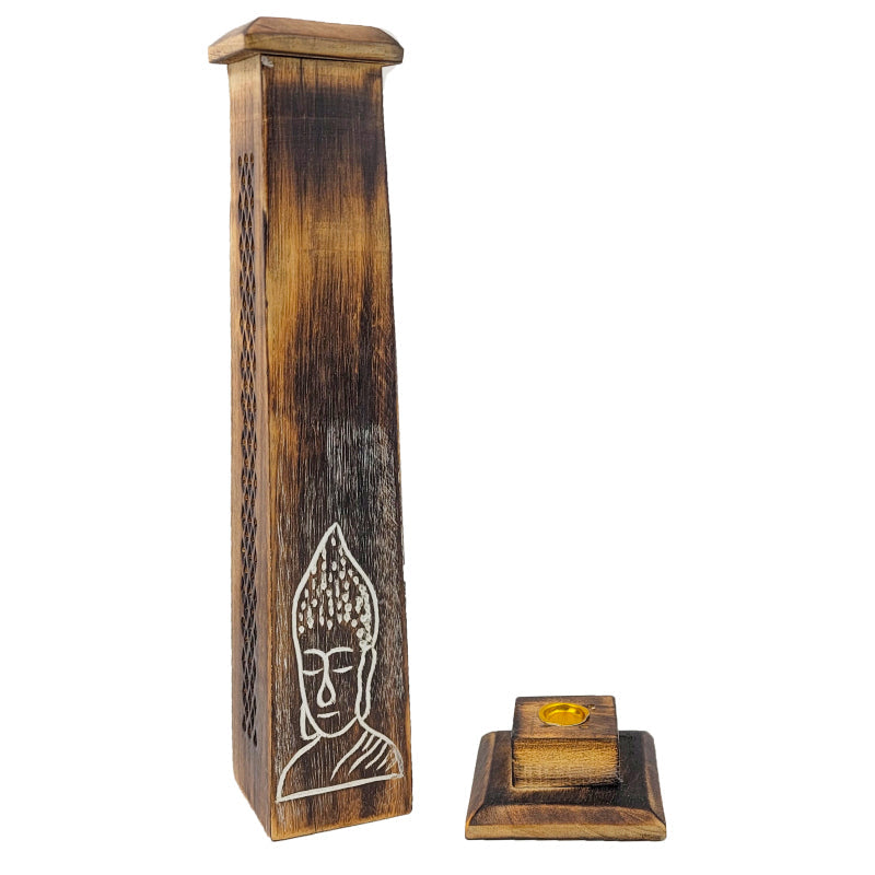 Wood Incense Tower w/ Removable Base, Brown Buddha Design