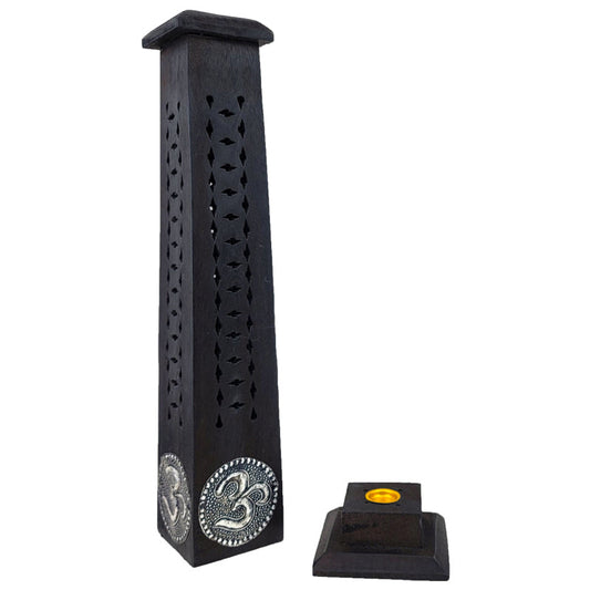 Wood Incense Tower w/ Removable Base, Black OM Symbol Design