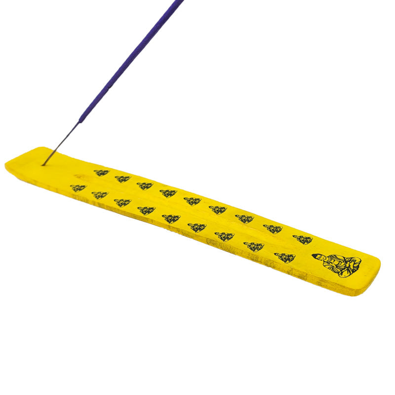 10" Wood Incense Burner & Ash Catcher, Yellow Buddha Design