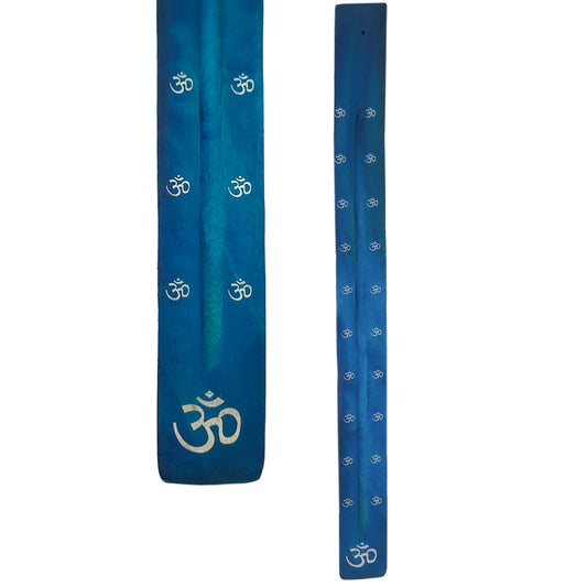 Extra-Long 20" Jumbo Wood Incense Burner & Ash Catcher, OM (Blue) Design