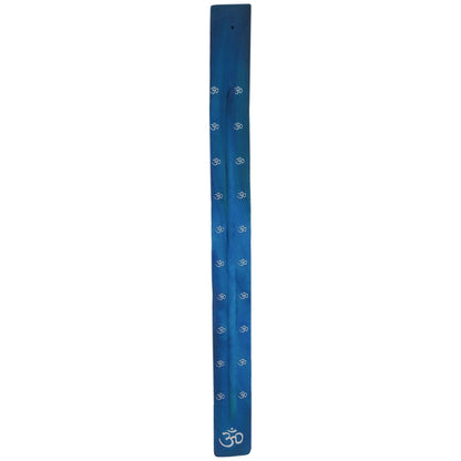 Extra-Long 20" Jumbo Wood Incense Burner & Ash Catcher, OM (Blue) Design