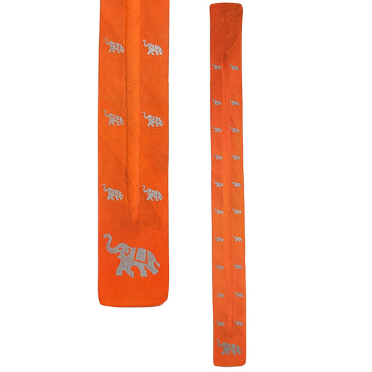 Extra-Long 20" Jumbo Wood Incense Burner & Ash Catcher, Elephant (Orange) Design