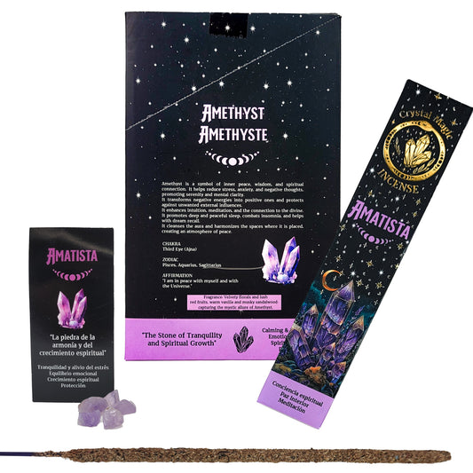 Amethyst 15g 8" Incense Pack + Crystals, by Crystal Magic Incense