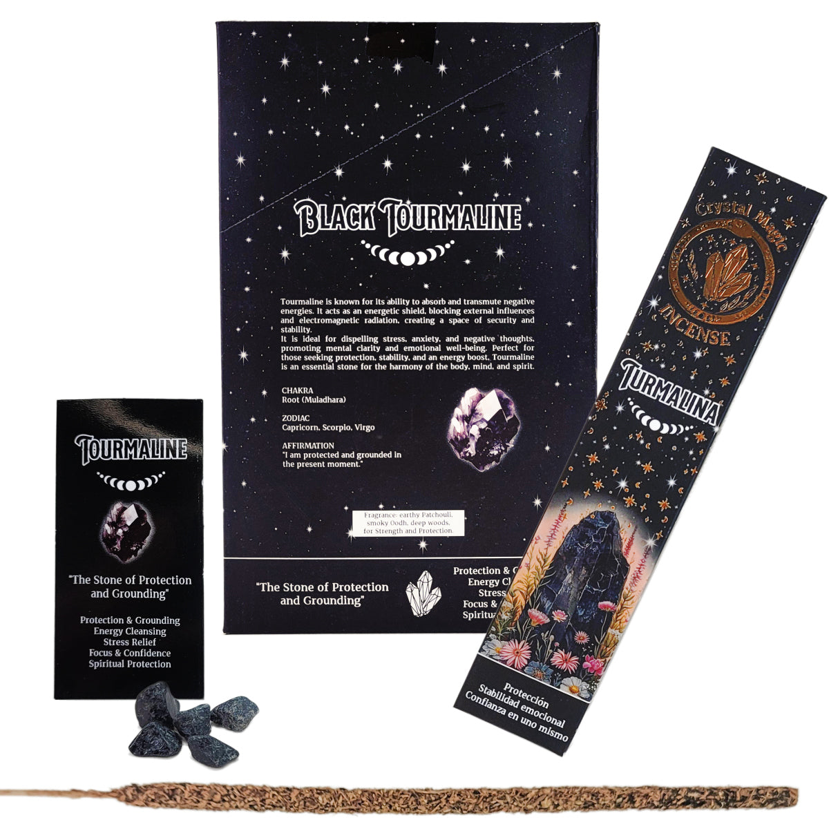 Black Tourmaline 15g 8" Incense Pack + Crystals, by Crystal Magic Incense