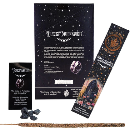 Black Tourmaline 15g 8" Incense Pack + Crystals, by Crystal Magic Incense