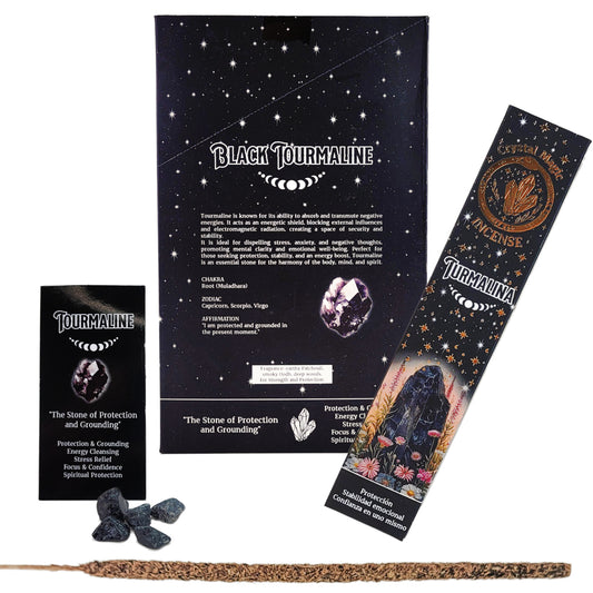 Black Tourmaline 15g 8" Incense Pack + Crystals, by Crystal Magic Incense