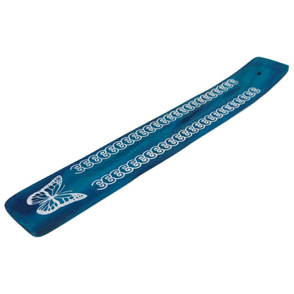 10" Wood Incense Burner & Ash Catcher, Butterfly (Blue) Design