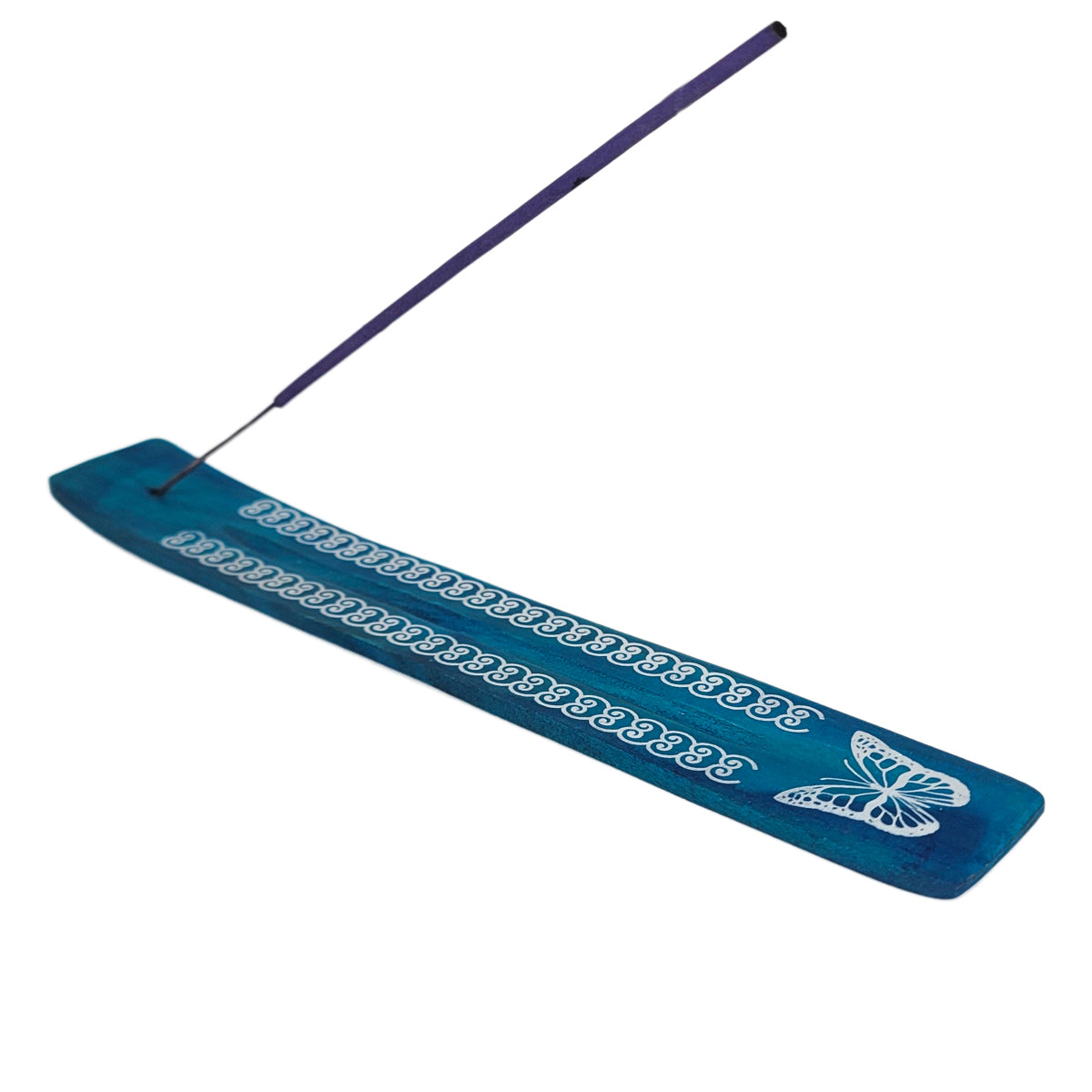 10" Wood Incense Burner & Ash Catcher, Butterfly (Blue) Design