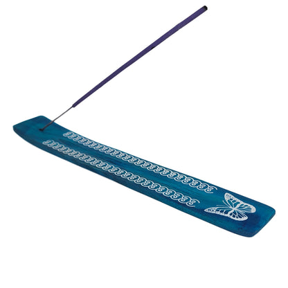 10" Wood Incense Burner & Ash Catcher, Butterfly (Blue) Design