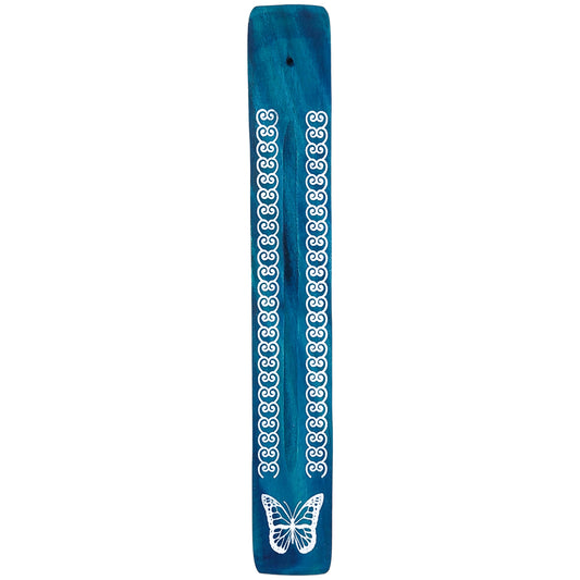 10" Wood Incense Burner & Ash Catcher, Butterfly (Blue) Design