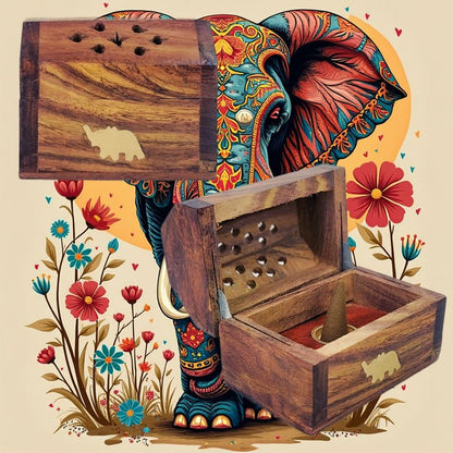 Mini Carved CONE Incense Holder Box, Elephant Design