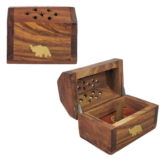 Mini Carved CONE Incense Holder Box, Elephant Design