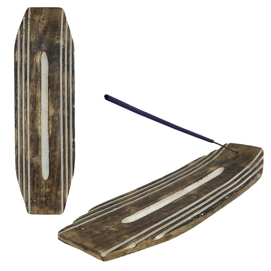 10"x3" Wooden Flat Incense Burner & Ash Catcher with White Stripes