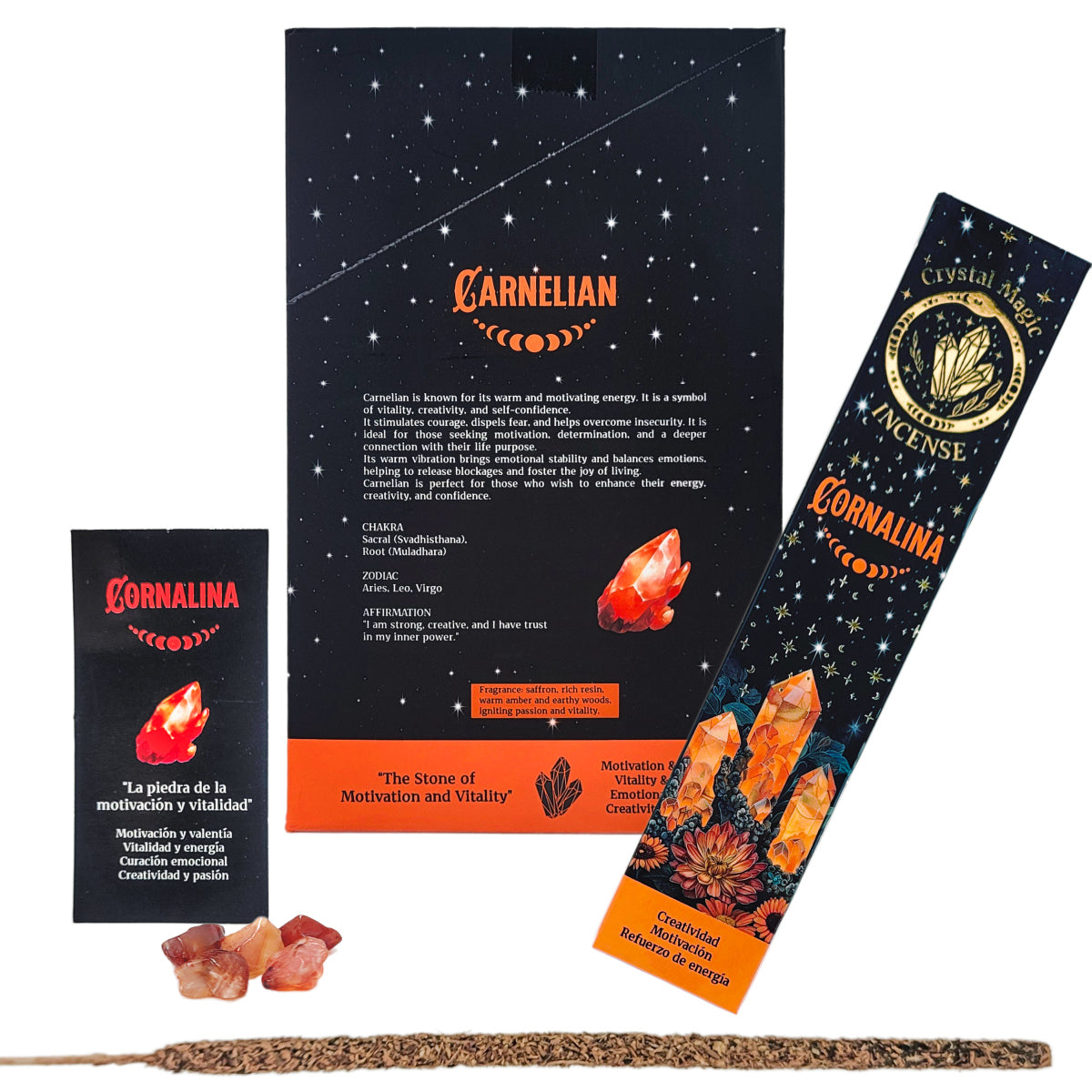 Carnelian 15g 8" Incense Pack + Crystals, by Crystal Magic Incense