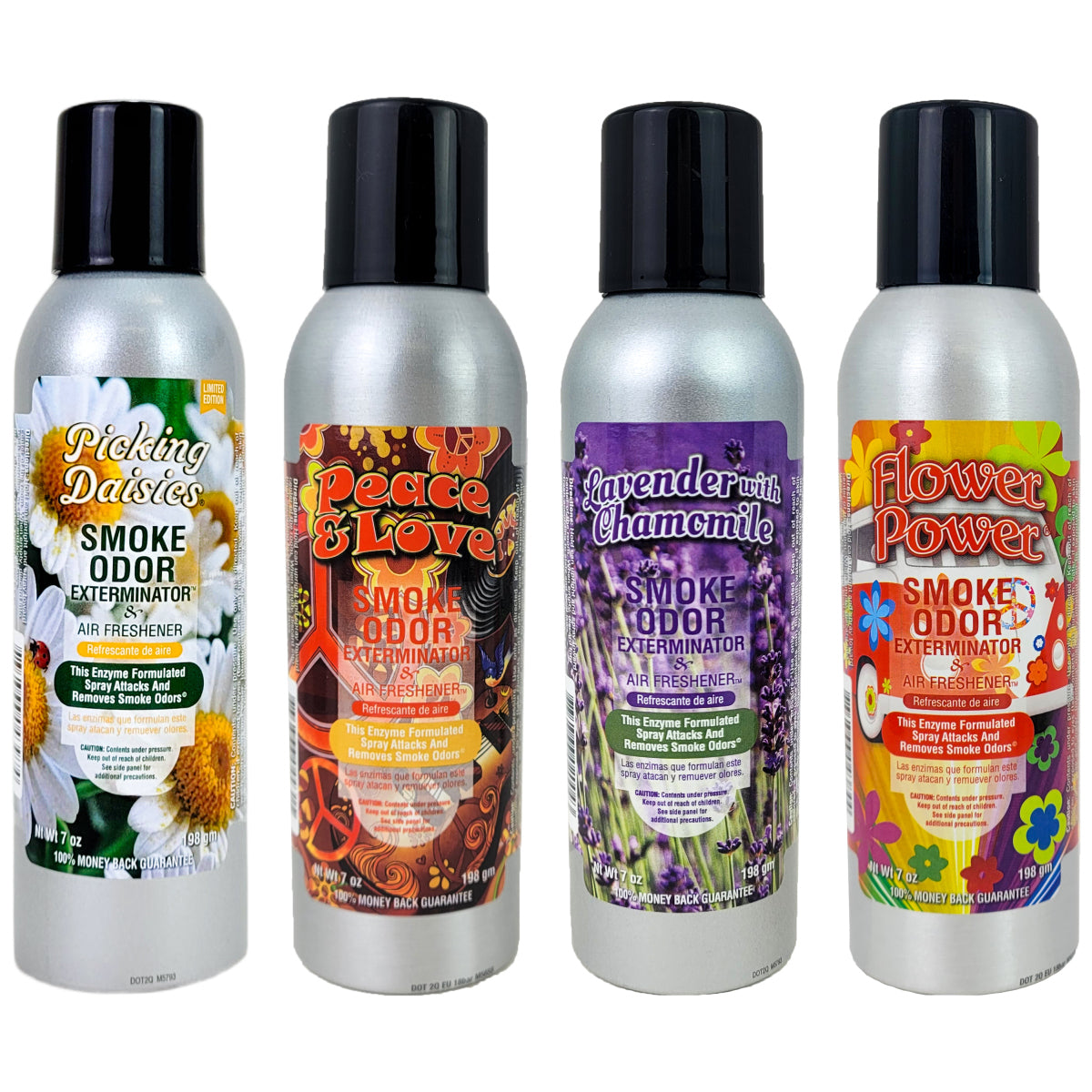 4-PACK "Peaceful Florals" SAMPLER, 7oz Smoke Odor Exterminator Spray Aerosol Can, by Tobacco Outlet Products
