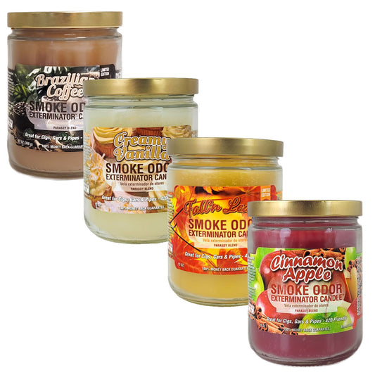 4-PACK "Cozy Comfort" SAMPLER, 4" Glass Jar 13oz Smoke Odor Exterminator Candles, by Tobacco Outlet Products