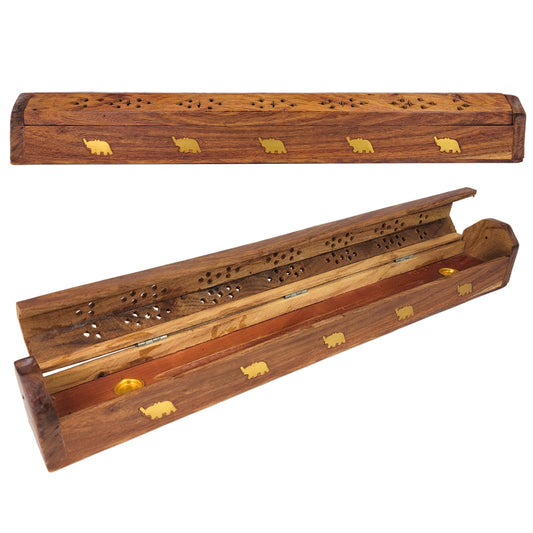 Carved 18" JUMBO Incense Holder Box with Storage, Elephant Design