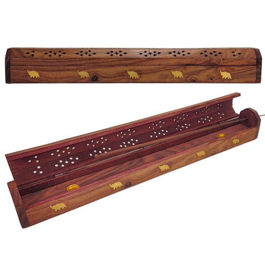 Extra-Long 20" Carved JUMBO Incense Holder Box with Storage, Elephant Design