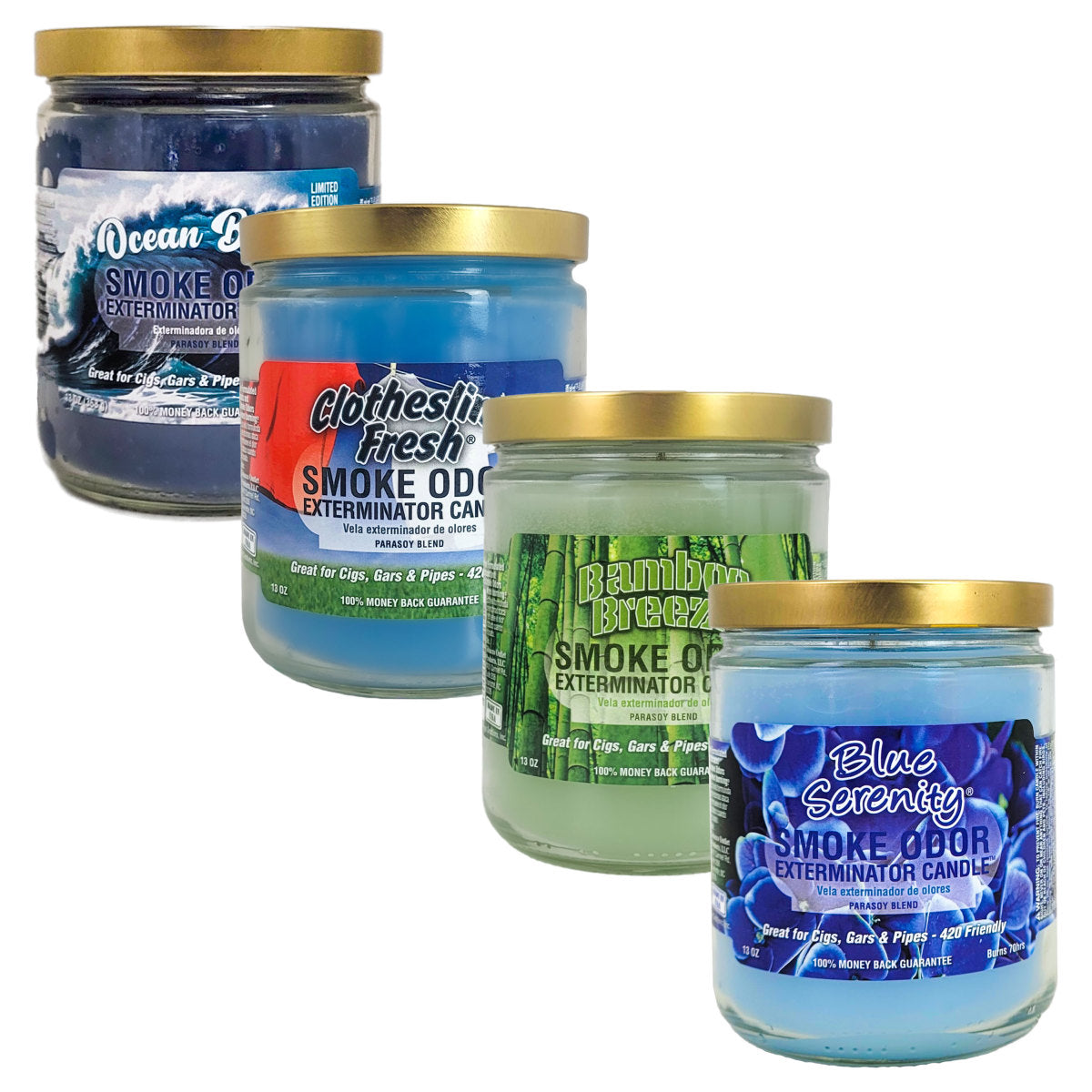 4-PACK "Fresh & Clean" SAMPLER #TOPC4, Odor Exterminator 4" Glass Jar Candles, 13oz