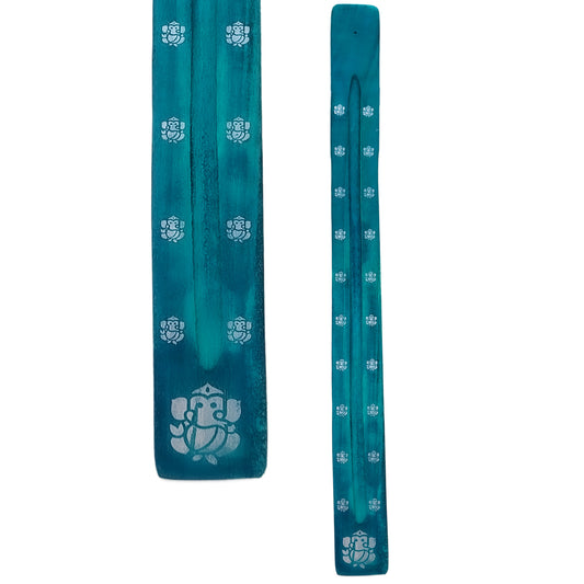 Extra-Long 20" Jumbo Wood Incense Burner & Ash Catcher, Ganesha (Green) Design