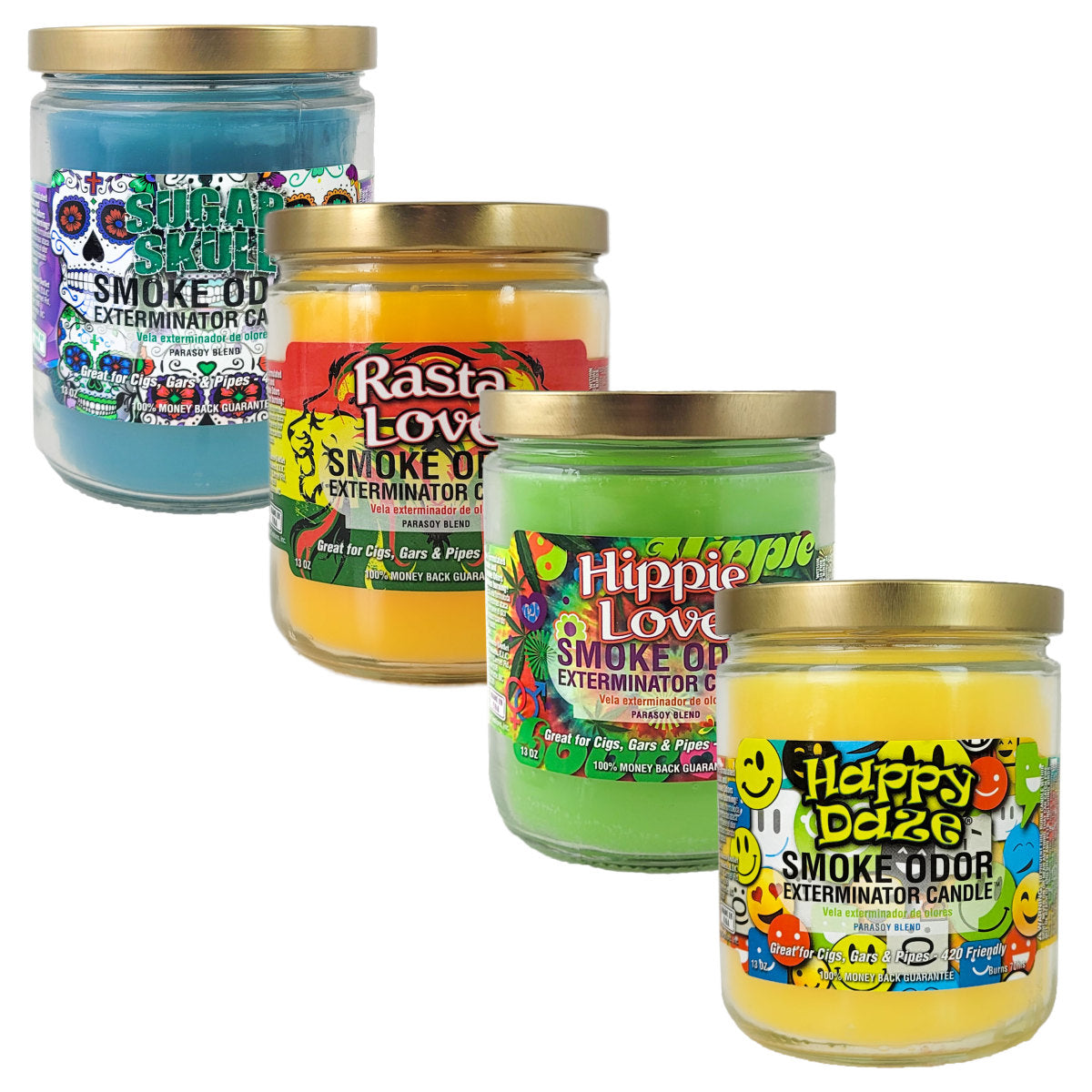 4-PACK "Groovy Vibes" SAMPLER, 4" Glass Jar 13oz Smoke Odor Exterminator Candles, by Tobacco Outlet Products