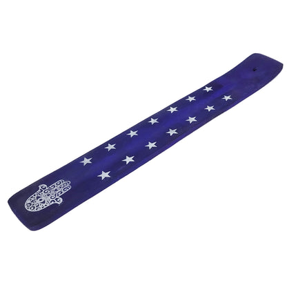 10" Wood Incense Burner & Ash Catcher, Hamsa Hand (Purple) Design