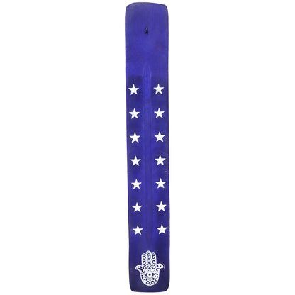 10" Wood Incense Burner & Ash Catcher, Hamsa Hand (Purple) Design
