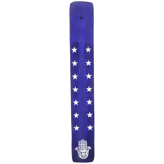 10" Wood Incense Burner & Ash Catcher, Hamsa Hand (Purple) Design